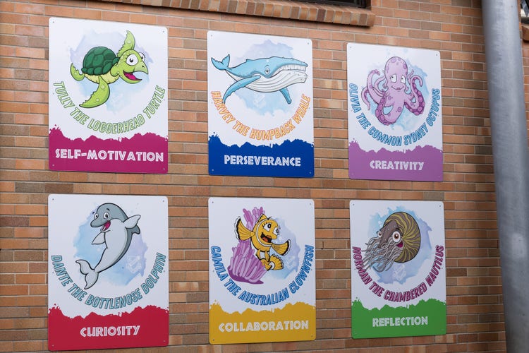 Six posterare on an orange brick wall in a 3x2 array. Each poster has a marine animal with a learning disposition written on the bottom.