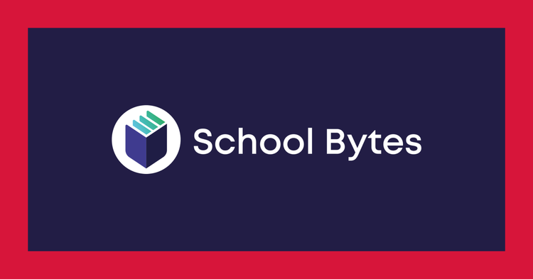 The School Bytes logo is shown in the centre of a red frame with purple background.